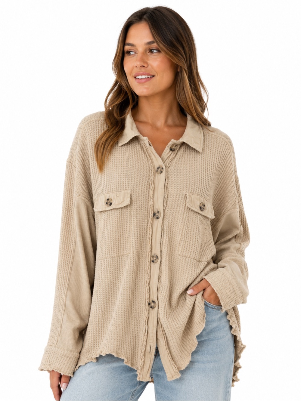 Ivy Rose Beige Waffle Knit Distressed Shirt Women’s Size 1X